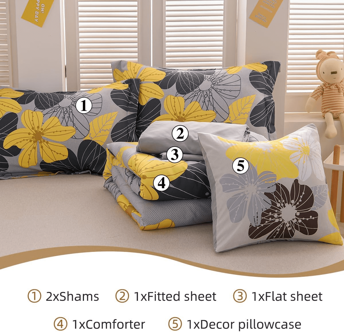 All-Season Yellow Floral Comforter Set Queen Flower Bed Set Adult Soft Botanical Boho Bedding Set - Luxurious Quilted Duvet Cover Set Detail
