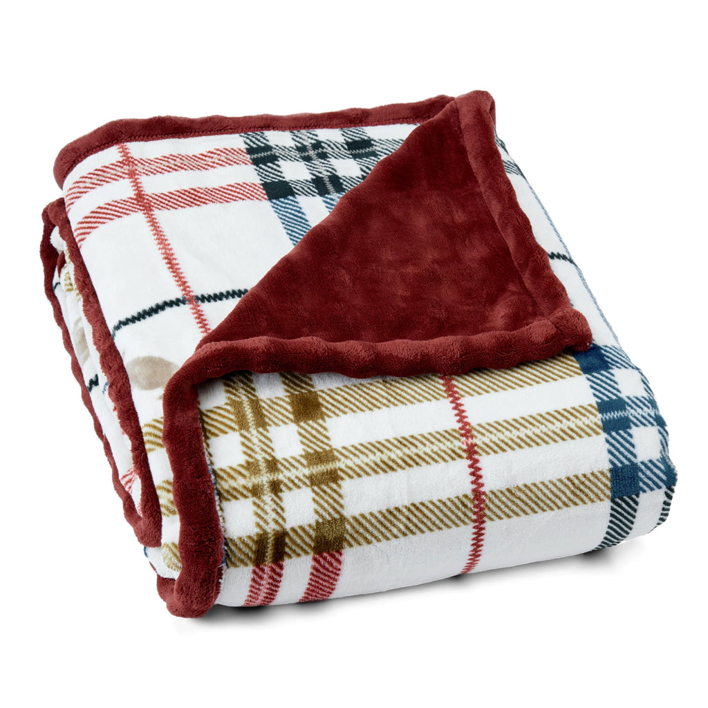 Lightweight Warm Academic Plaid Tartan Crest with Faux Leather Patch and Milky Mink Reverse Throw, 60x70 inches - Luxury Knitted Decorative Throw Blanket with Fringes Detail