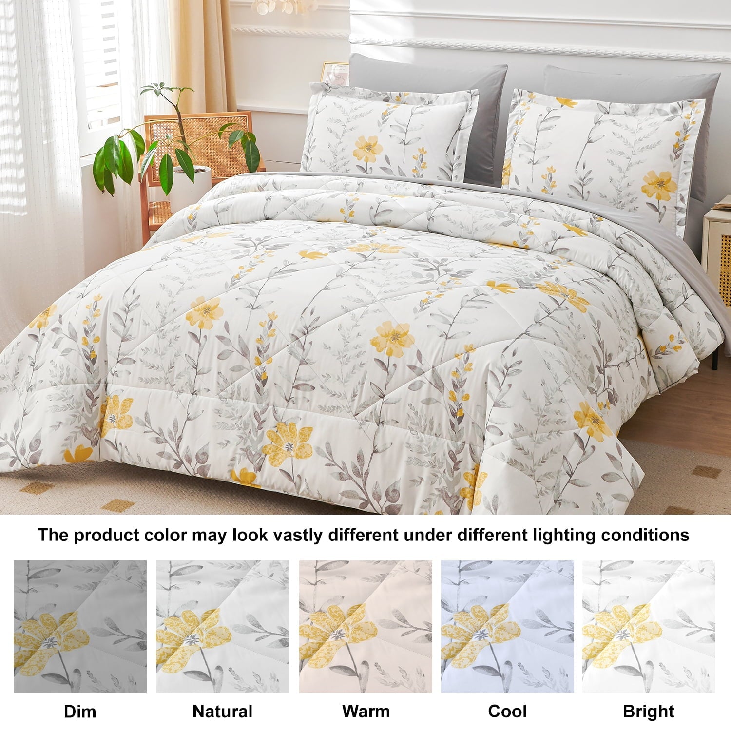 Heavyweight Warmth 3 Piece Comforter Set Queen Yellow Floral Quilt Microfiber Patchwork Bedspread - All-Season Down Alternative Comforter Insert Detail