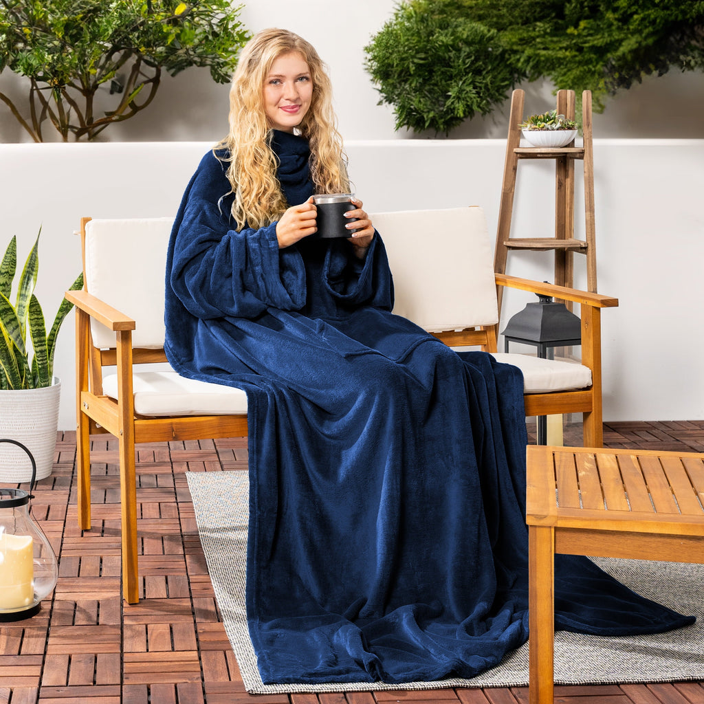 Decorative Knitted Navy Blue Fleece Wearable Blanket with Sleeves for Adults Women Men, Soft Warm Full Body Wrap Throw, Sweatshirt Pocke... - Lightweight Plush Warm Blanket for All Seasons Detail