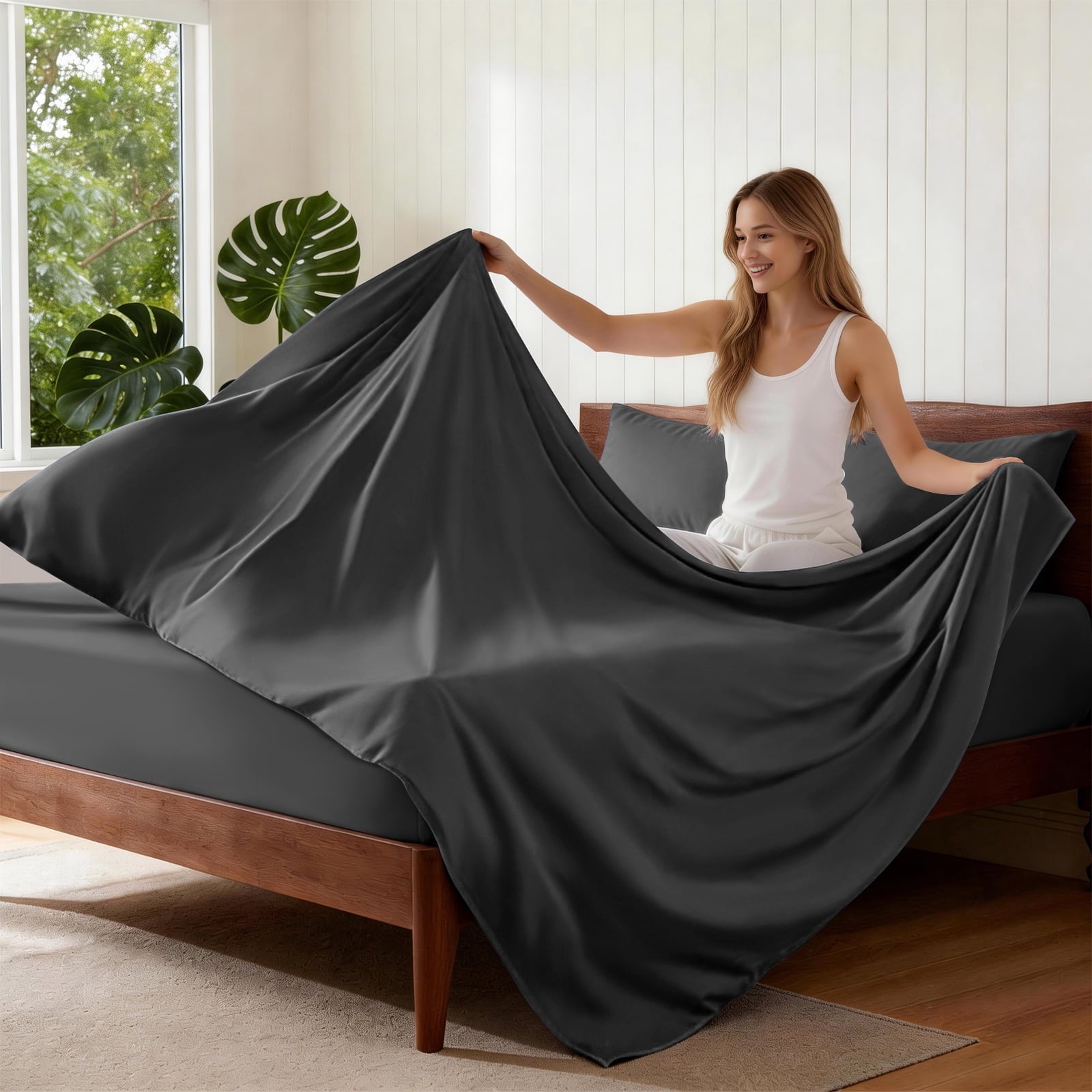 Cooling Sateen Sheets,Soft Hotel Luxury Polyester Washed Cotton,4 Piece Sheets Set,with 14" Deep Pocket,Dark Gray - Breathable Egyptian Cotton Flat & Fitted Sheets Detail