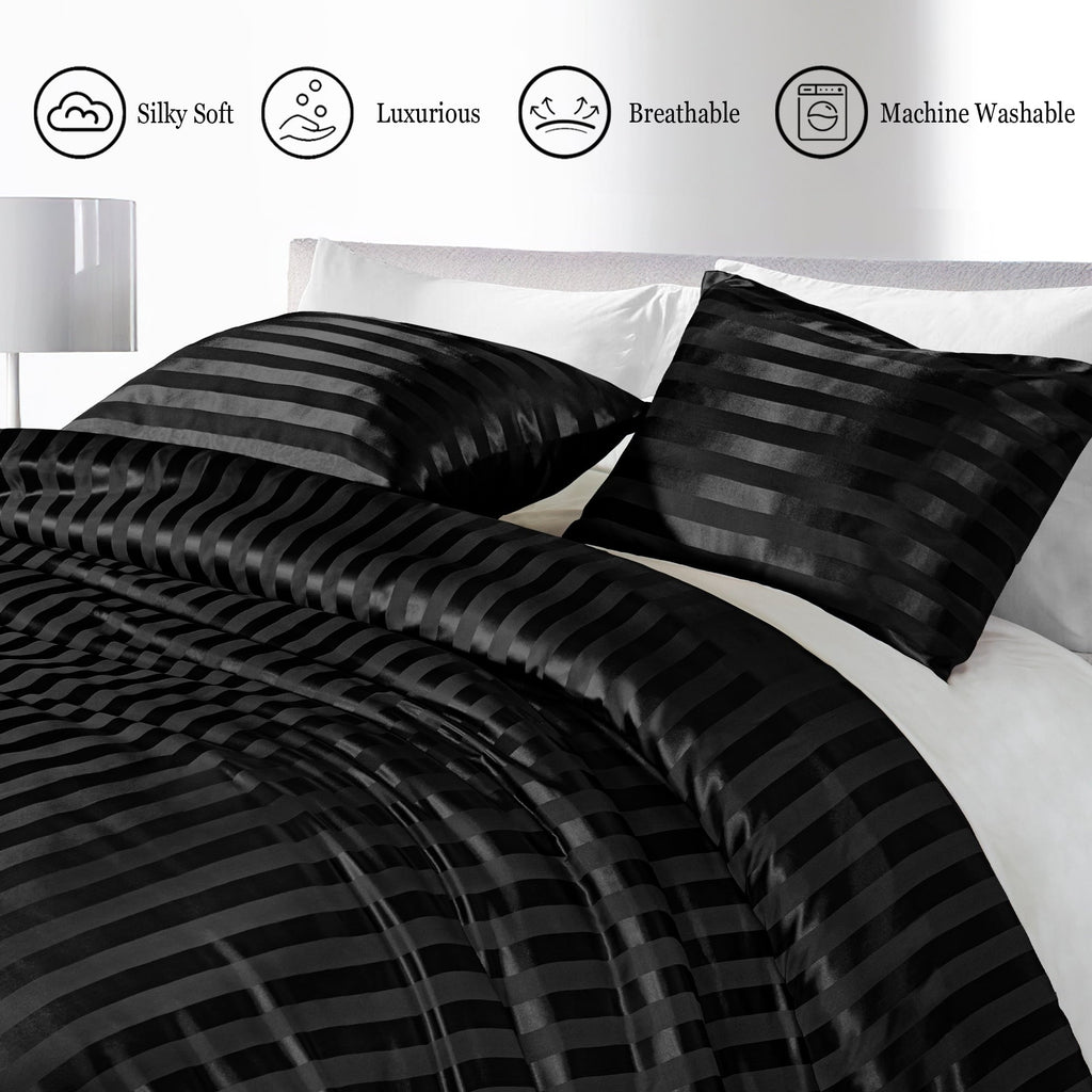Luxurious Quilted 3-Piece Reversible Silky Soft King Size Comforter Set, Luxury Stripe Satin Oversized Comforter Bedding Set with 2 Sat... - Cloud-Like Soft Lightweight Bed Comforter Detail