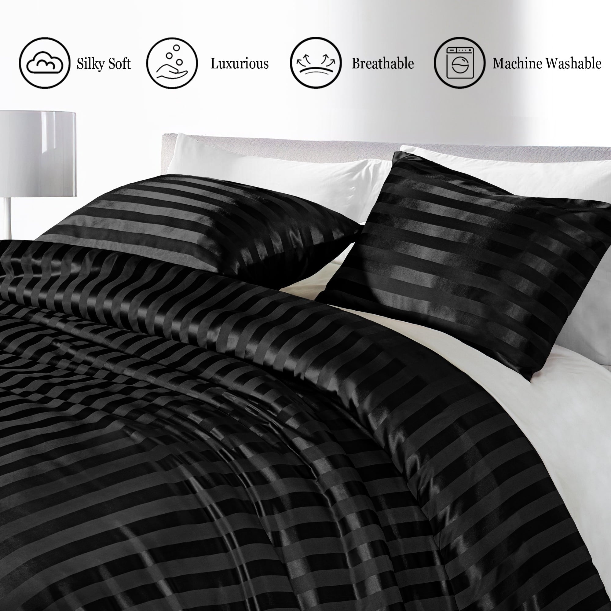 Luxurious Quilted 3-Piece Reversible Silky Soft King Size Comforter Set, Luxury Stripe Satin Oversized Comforter Bedding Set with 2 Sat... - Cloud-Like Soft Lightweight Bed Comforter Detail