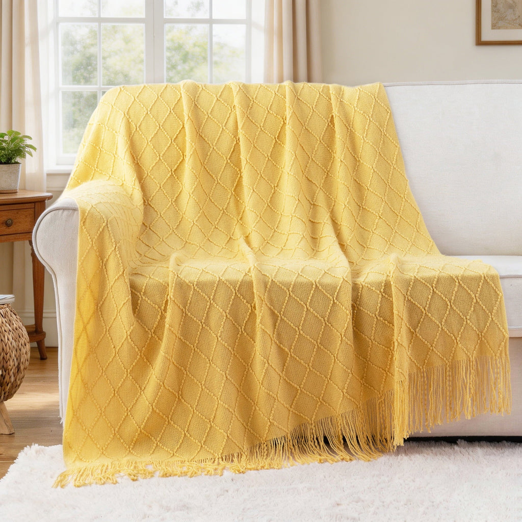 Reversible Sherpa Mustard Throw Blanket for Couch,Gold Yellow Knit Throw with Fringe,Outdoor Throw ,50"x60" - Luxury Knitted Decorative Throw Blanket with Fringes Detail
