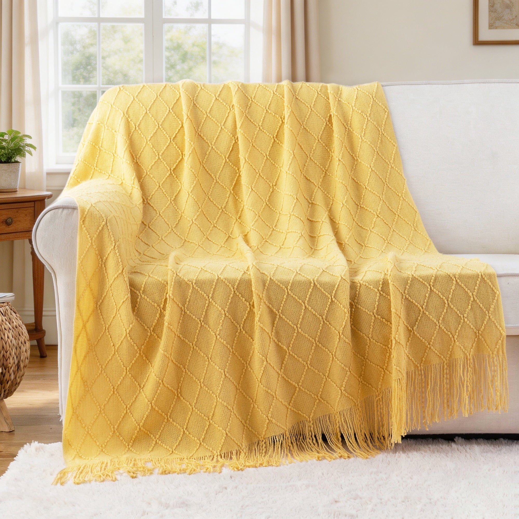 Reversible Sherpa Mustard Throw Blanket for Couch,Gold Yellow Knit Throw with Fringe,Outdoor Throw ,50"x60" - Luxury Knitted Decorative Throw Blanket with Fringes Detail