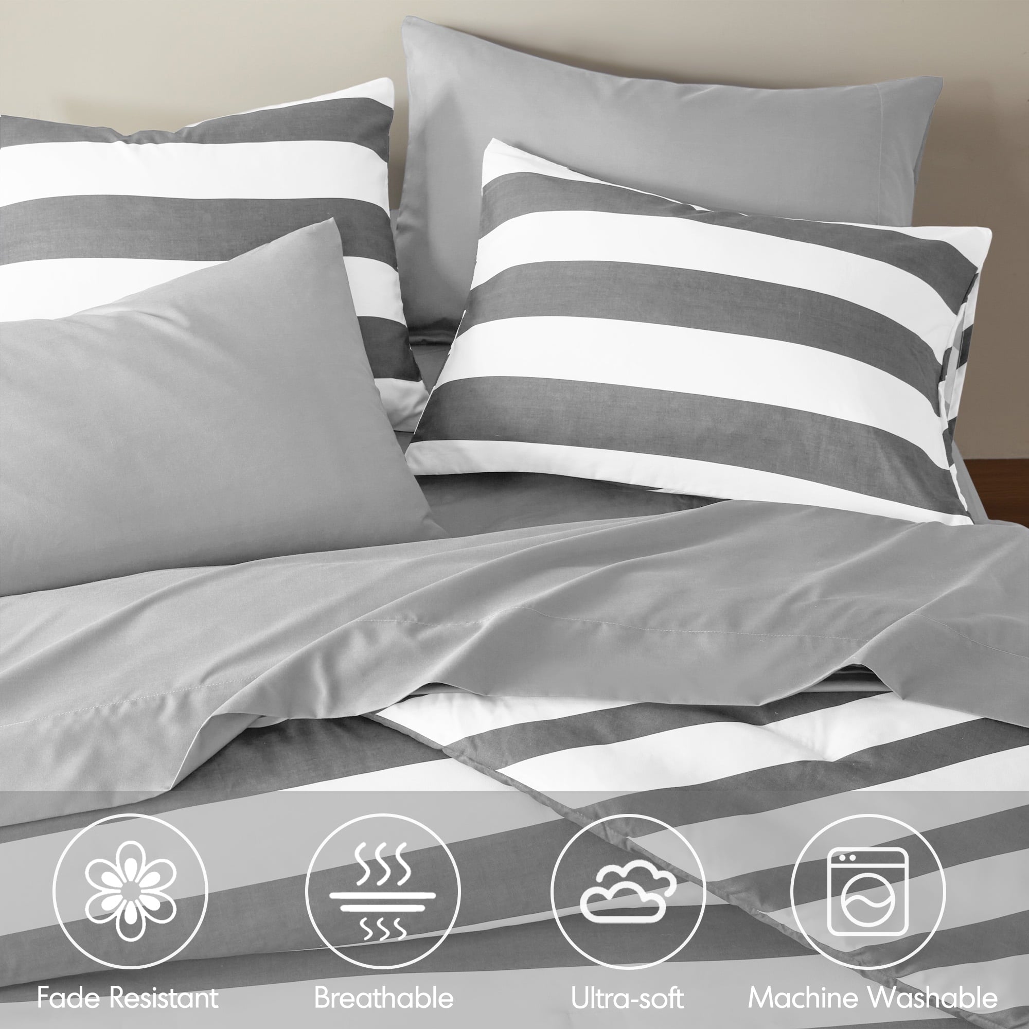 Luxurious Quilted Full/Queen Size Comforter Sets, 3-Piece Bedding Set Full/Queen, Reversible Striped Comforter Bed Set, Charcoal - Cloud-Like Soft Lightweight Bed Comforter Detail