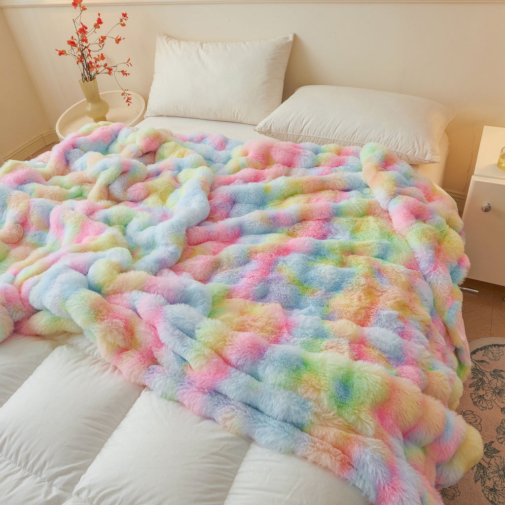 Decorative Knitted Fluffy Faux Rabbit Fur Bubble Throw, Rainbow Plush Shaggy Blanket for Couch Sofa Chair, Soft Tie Dye Furry Blanket Ad... - Lightweight Plush Warm Blanket for All Seasons Detail