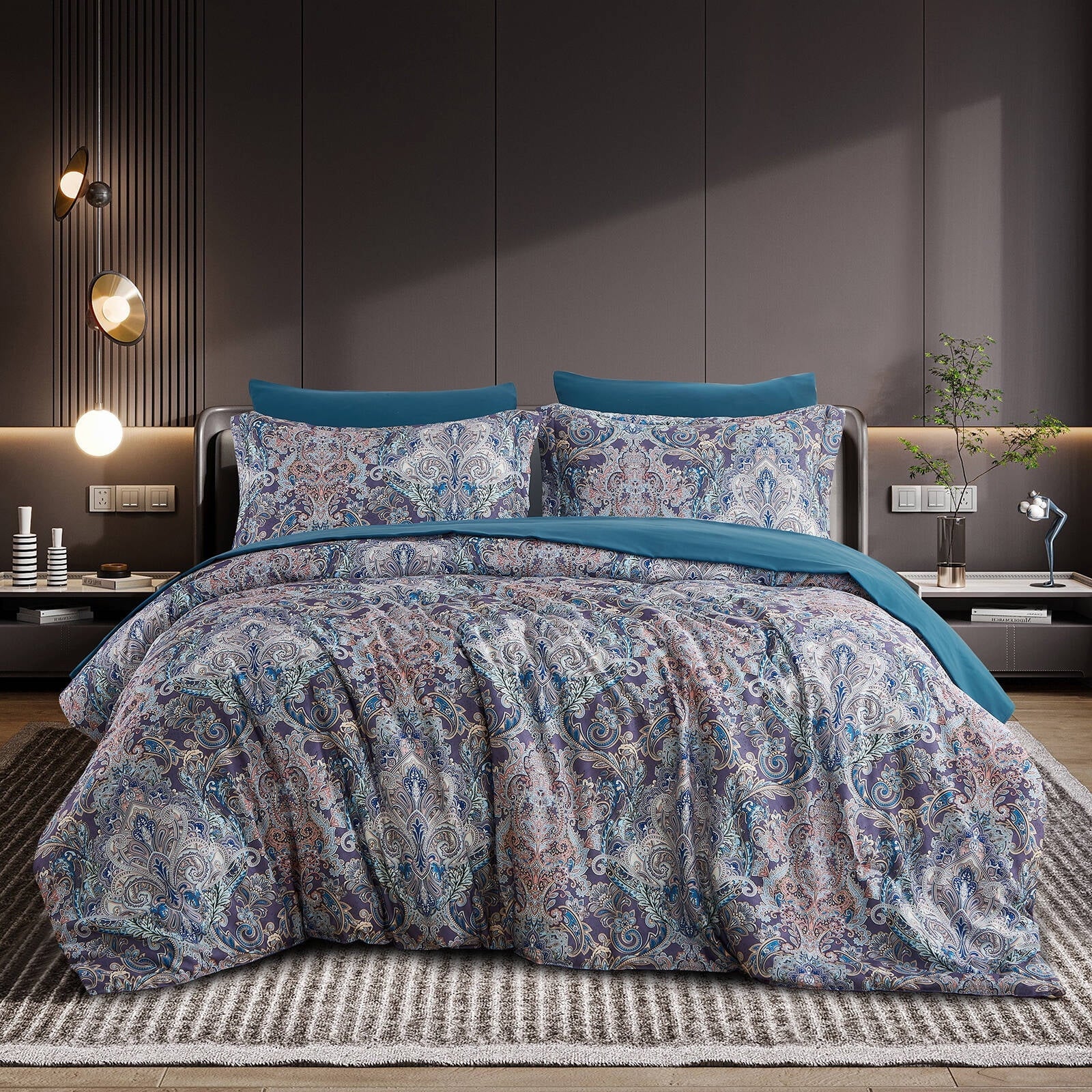 Luxurious Quilted Boho Paisley Print Luxury Comforter Bed in a Bag Set Queen Size, Vintage Floral Medallions Microfiber Bedding Set - Hypoallergenic Ultra-Fluffy Quilt for Winter Detail