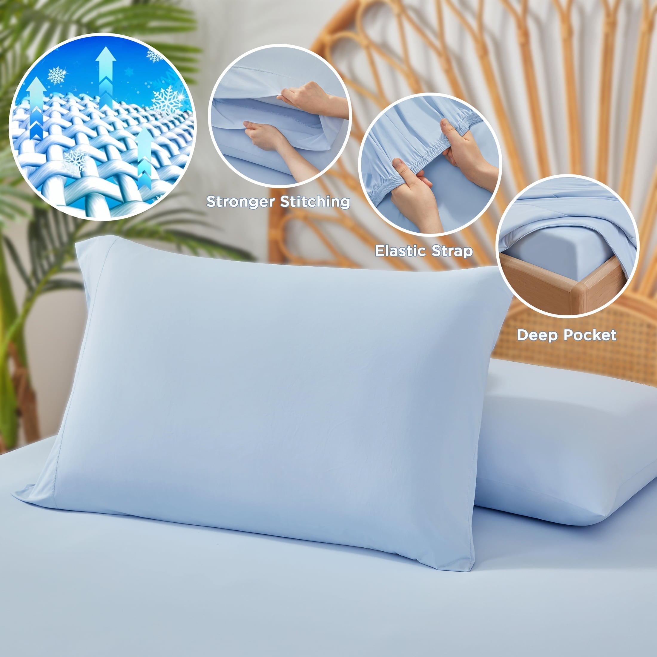 Cooling Sateen Full/QueenSize Sheet Set, 3 Piece Cooling Bed Sheet with Deep Pocket for Hot Sleepers, Ice Blue - Breathable Egyptian Cotton Flat & Fitted Sheets Detail