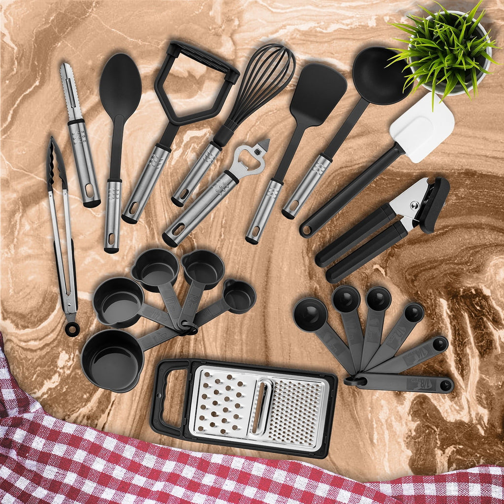 Non-Stick Safe 23 Piece Kitchen Utensils Set - Nylon and Stainless Steel Cooking Utensils Set - Black Utensil K... - Ergonomic Kitchen Tongs and Cooking Spoon Utensil Detail