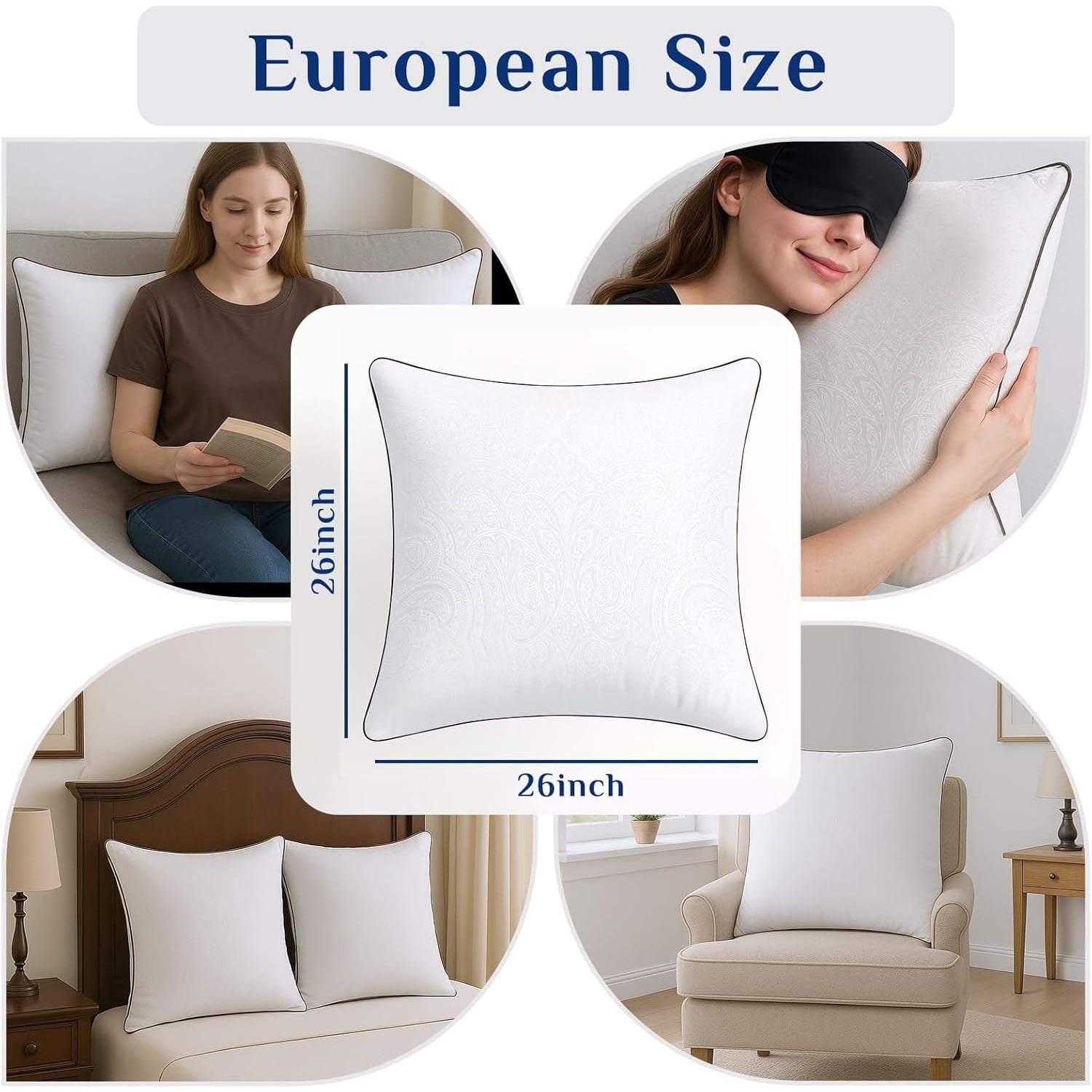 Ergonomic Memory Foam for Sleeping, Soft and Supportive Throw for Couch, Bed and Sofa, Down Alternative Pillow, 26x26 Inches - Hotel Quality Plush Sleeping Pillows Detail