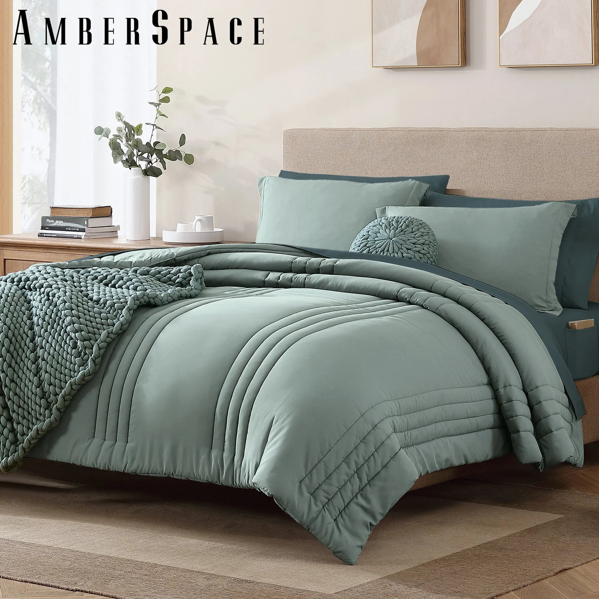 Fluffy Down Alternative 7-piece Bed in a Bag Comforter Set with Sheets,Sage Green,Full - Hypoallergenic Ultra-Fluffy Quilt for Winter Detail