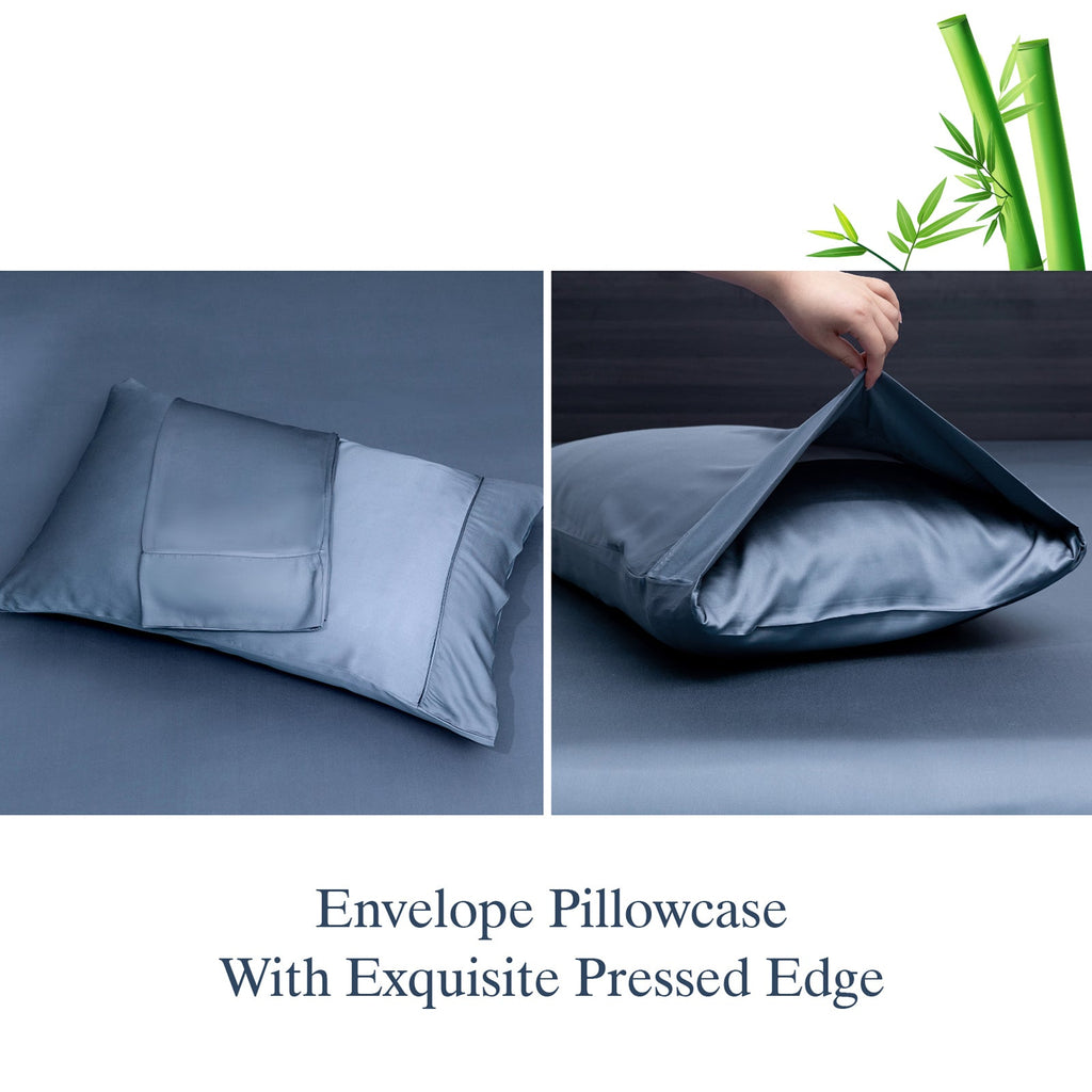 Cooling Sateen Luxury Bamboo Bed Sheets Set Full 4 Pcs for Adult,Soft&Cool,16" Deep Pocket,Blue Gray - Luxury Bed Sheet Set with Deep Pockets Detail