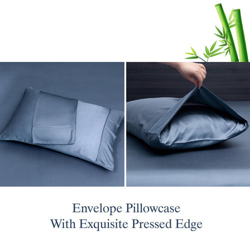 Cooling Sateen Luxury Bamboo Bed Sheets Set Full 4 Pcs for Adult,Soft&Cool,16" Deep Pocket,Blue Gray - Luxury Bed Sheet Set with Deep Pockets Detail