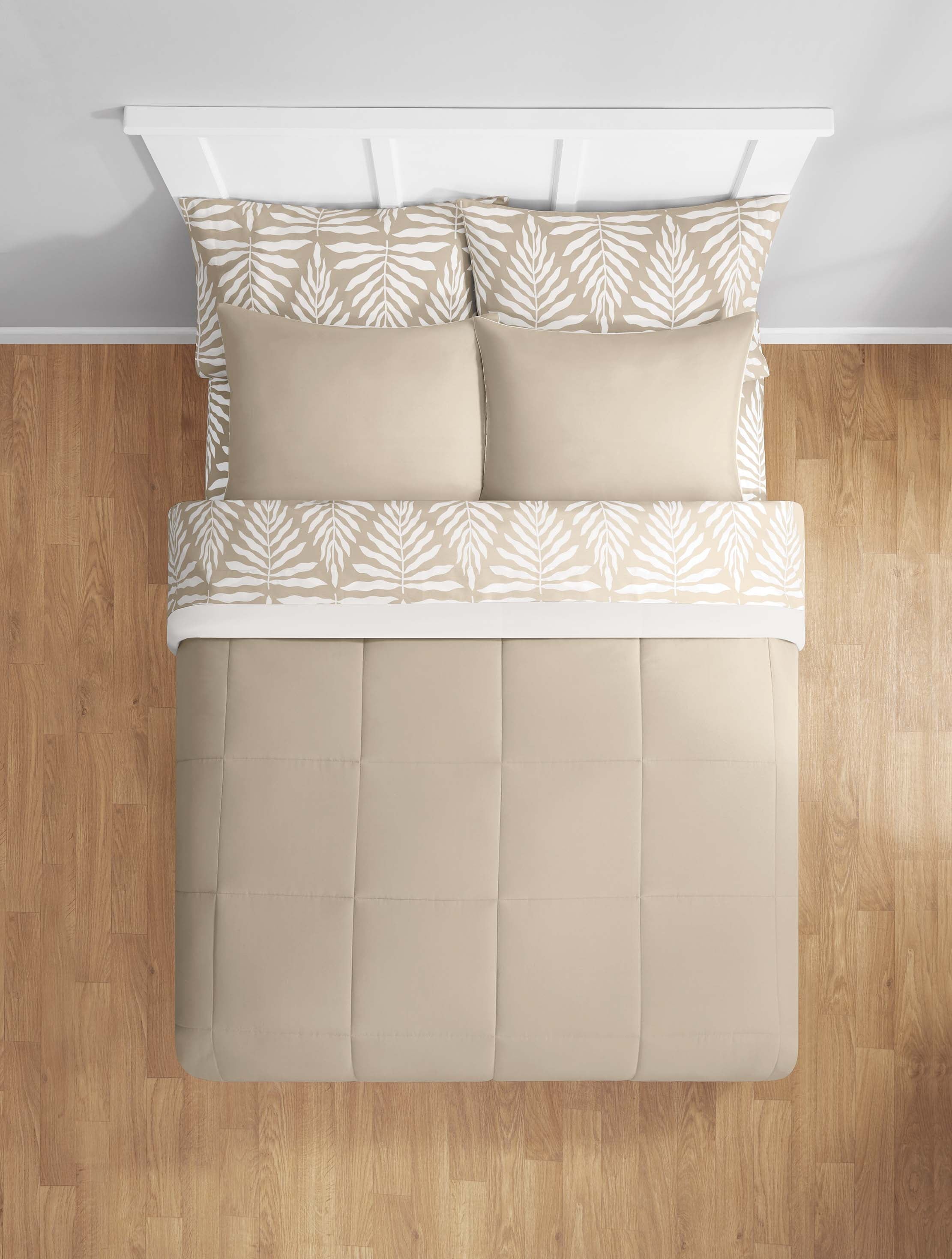 Fluffy Down Alternative All in One Reversible Comforter and Sheet Set- 7 Piece, Queen, Beige Palm - All-Season Down Alternative Comforter Insert Detail