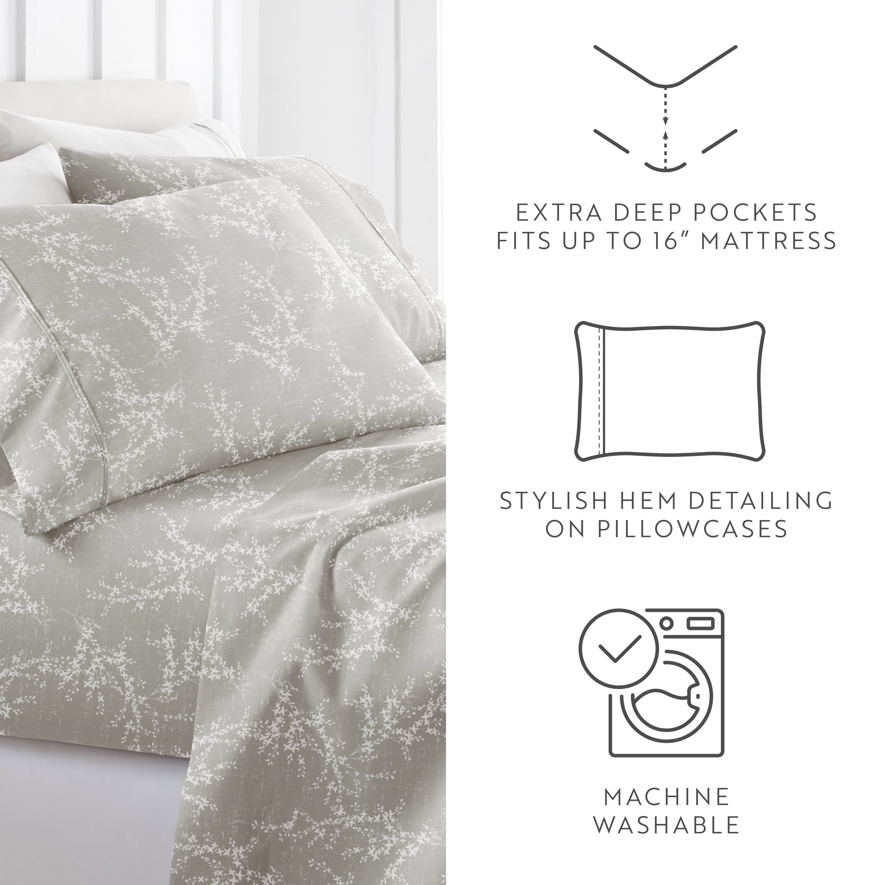 Cooling Sateen 3 Piece Pattern Microfiber Bed Sheets Set, Distressed Willow Light Gray, Twin - Cooling Hotel Quality Bedding Sheets and Pillowcases Detail