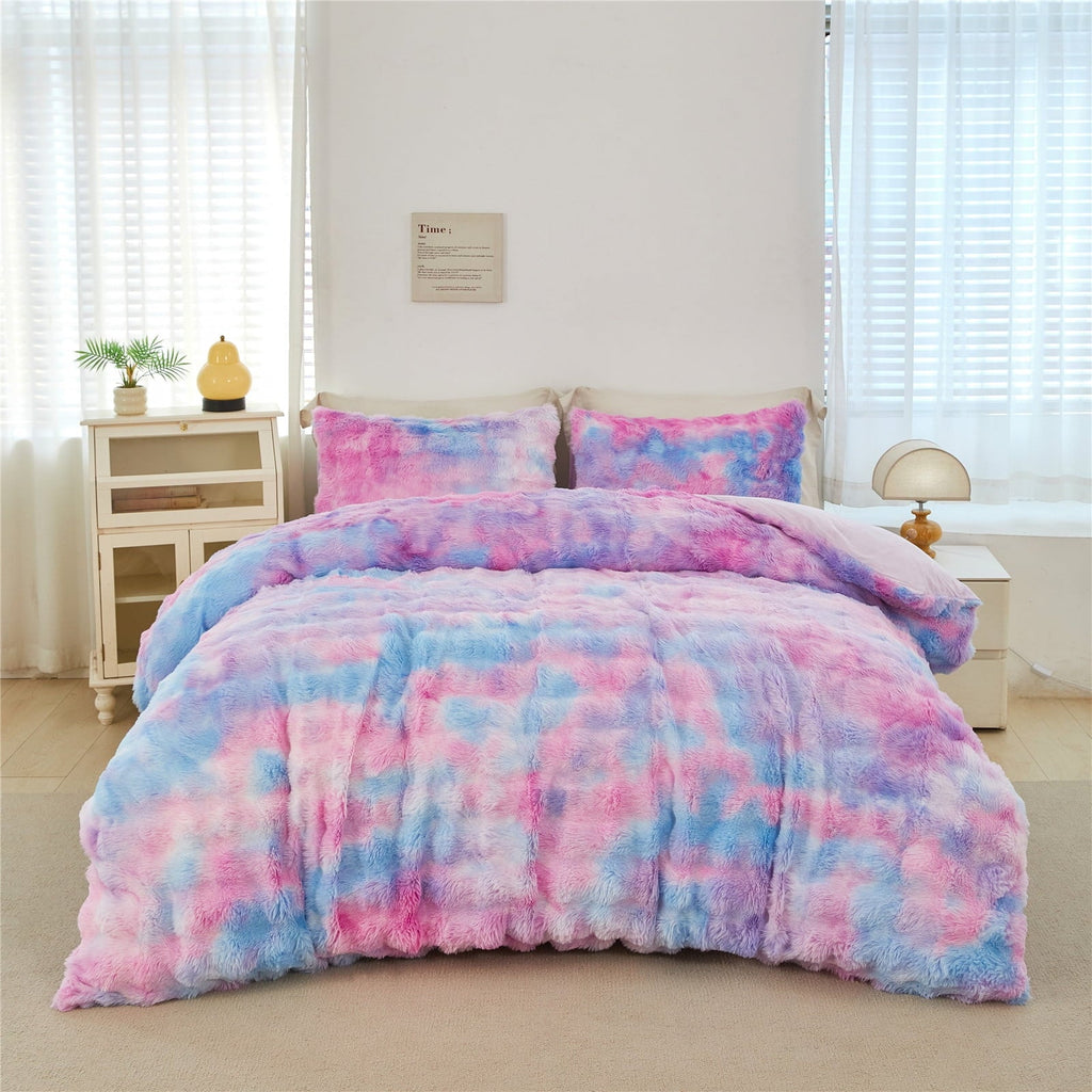 Luxurious Quilted Faux Rabbit Fur Comforter Set Twin 3Pcs Girls Blue Purple Bedding Set Tie-Dyeing Soft Bed Comforter Set Warm Fuzzy Ki... - Hypoallergenic Ultra-Fluffy Quilt for Winter Detail