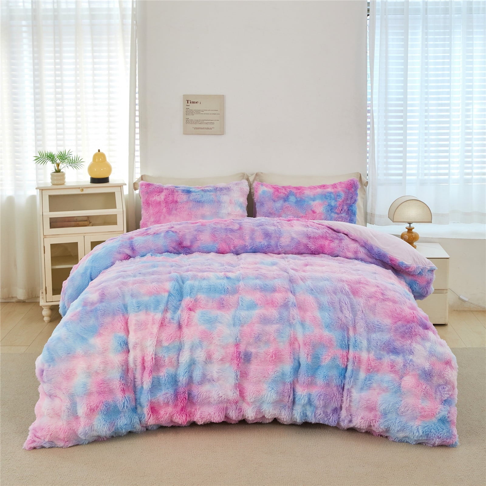 Luxurious Quilted Faux Rabbit Fur Comforter Set Twin 3Pcs Girls Blue Purple Bedding Set Tie-Dyeing Soft Bed Comforter Set Warm Fuzzy Ki... - Hypoallergenic Ultra-Fluffy Quilt for Winter Detail