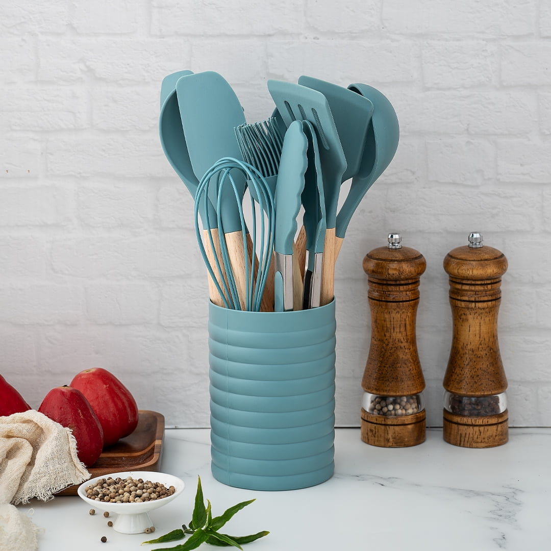Non-Stick Safe Small Silicone Cooking Utensils with Holder Set (12Pack), Aqua Kitchen Tools with Wooden Handle for Nonstick... - Heat-Resistant Silicone Cooking Spatula Turner Detail