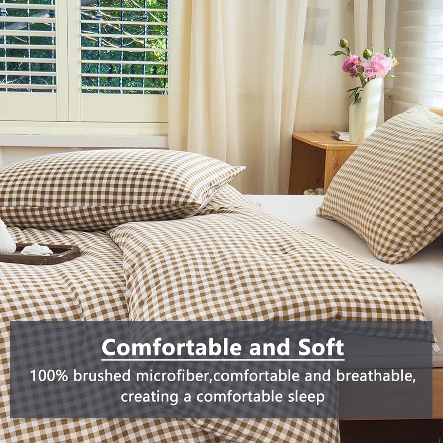 Luxurious Quilted Tan Gingham Queen Comforter Set, Taupe Plaid Bedding Set, Checked Bed Comforter 3 Pieces(Tan Gingham, Queen) - Hypoallergenic Ultra-Fluffy Quilt for Winter Detail