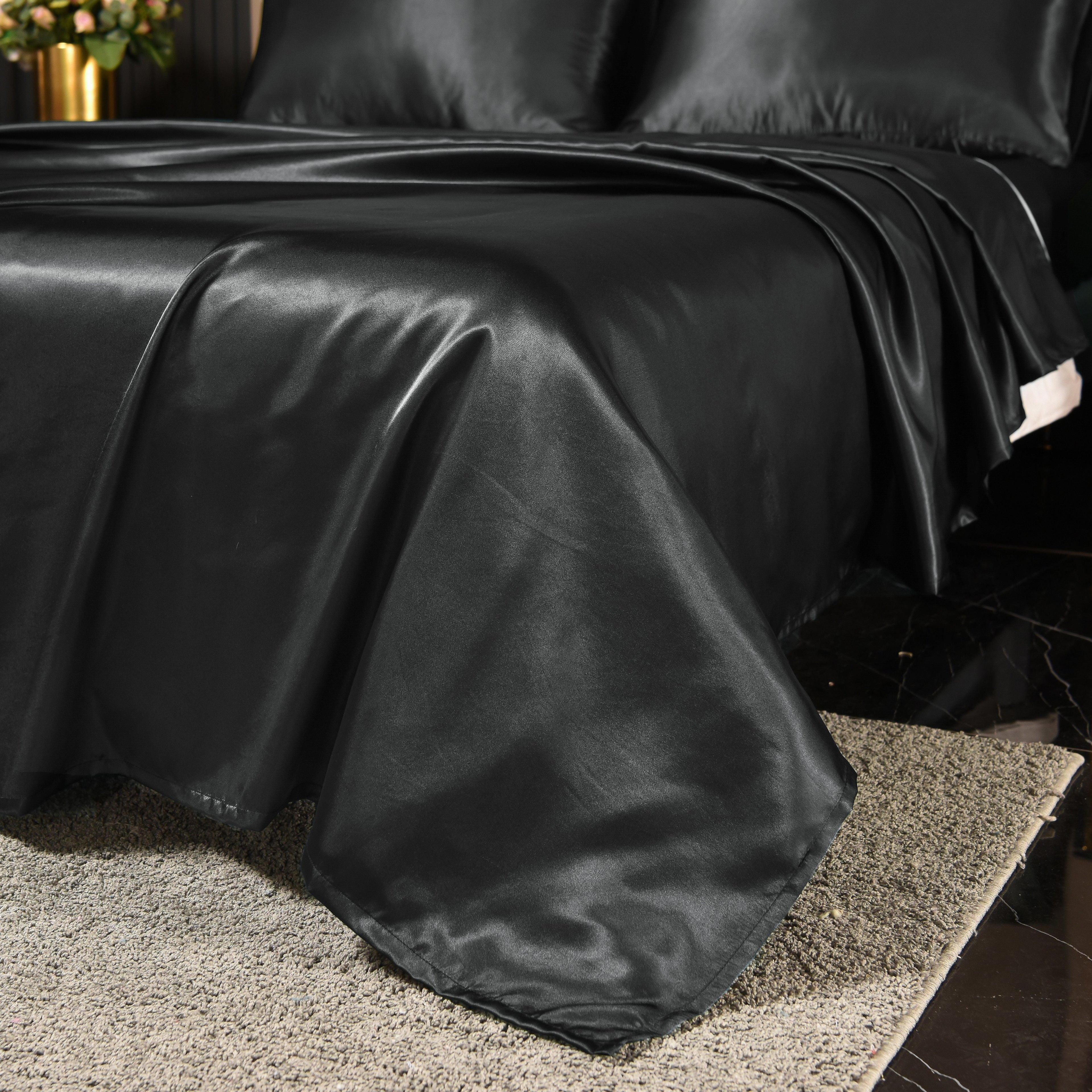 Premium Egyptian Cotton Satin Sheets Full Black Luxury Silky Bed Sheets 1800 Microfiber Sheet Set 4 Pcs - Luxury Bed Sheet Set with Deep Pockets Detail