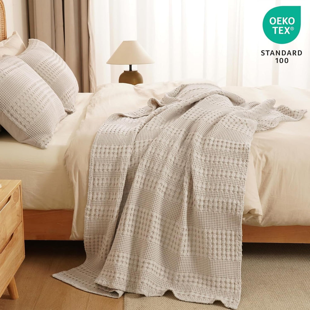 Super Soft Flannel 100% Cotton Waffle Weave Blanket, Lightweight Throw Washed Blanket for Bed Sofa Home Decor, Oatmeal, 50"x60" - Luxury Knitted Decorative Throw Blanket with Fringes Detail