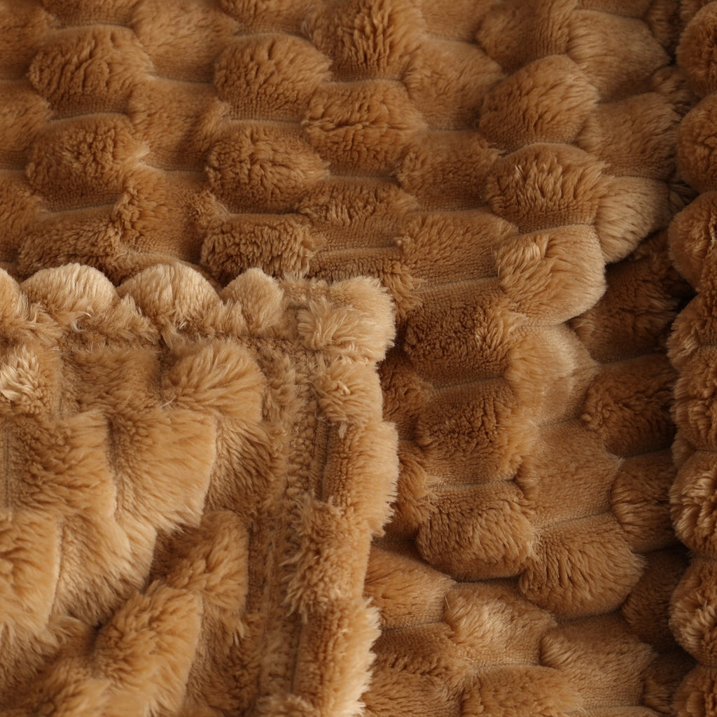 Lightweight Warm Textured Velvet Plush Oversized Throw Blanket in Dark Caramel - Cozy Fleece Throw Blanket for Couch & Bed Detail