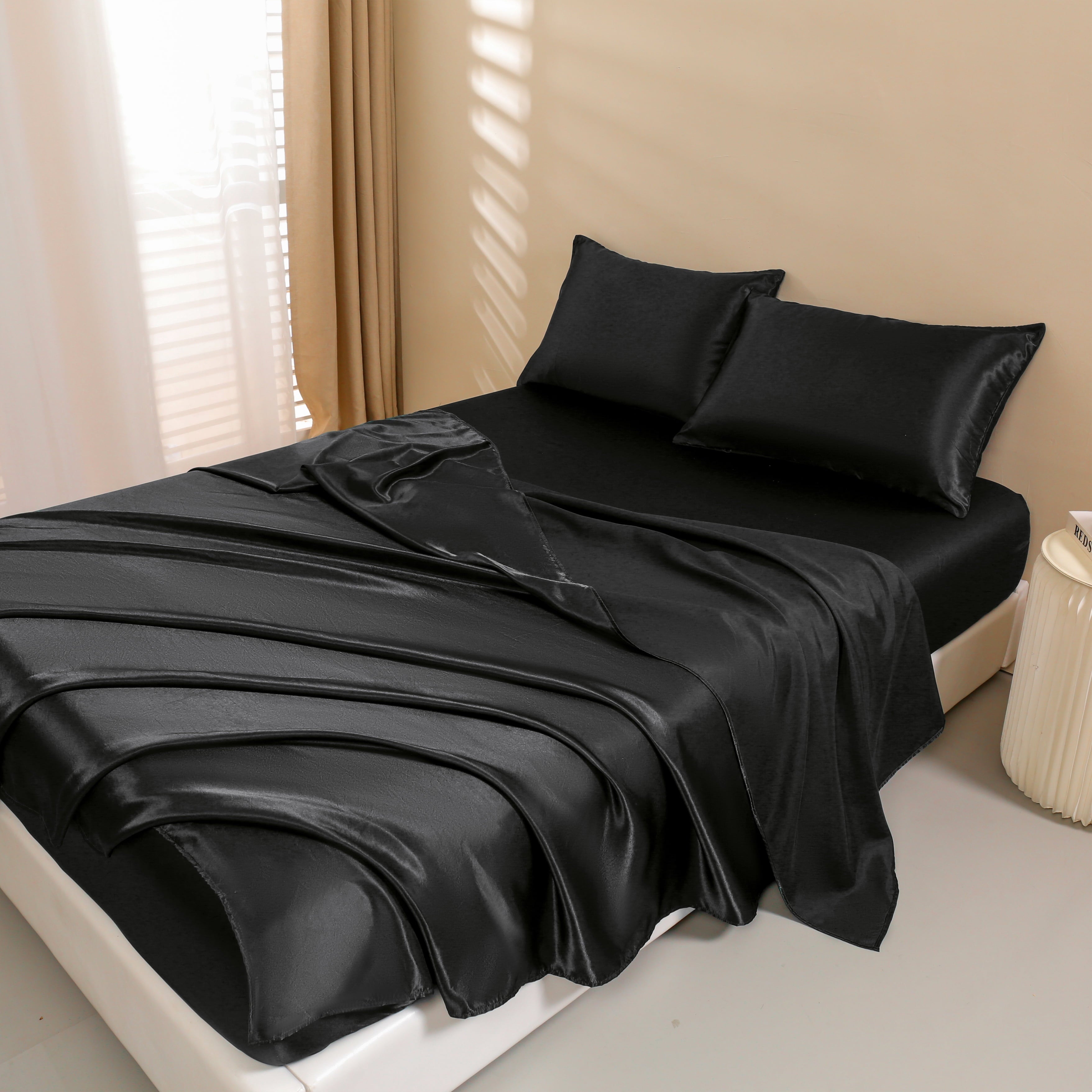 Premium Egyptian Cotton 4Pcs Black Satin Sheets Queen Set Silk Sheets 13" Deep Pocket Ultra Soft silky Bed Sheet Set - Premium Ultra-Soft Pillowcase Pair for Sleeping Detail