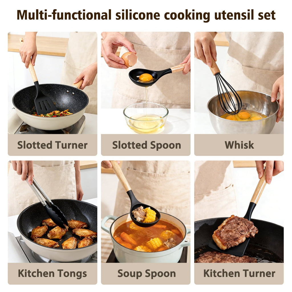 Heavy Duty Silicone Cooking Utensils Set, Heat Resistant Kitchen Cooking Utensils Set, 12 PCS Handle Silicone Kitchen Gadgets Ut... - High-Precision Culinary Tool for Baking & Cooking Detail