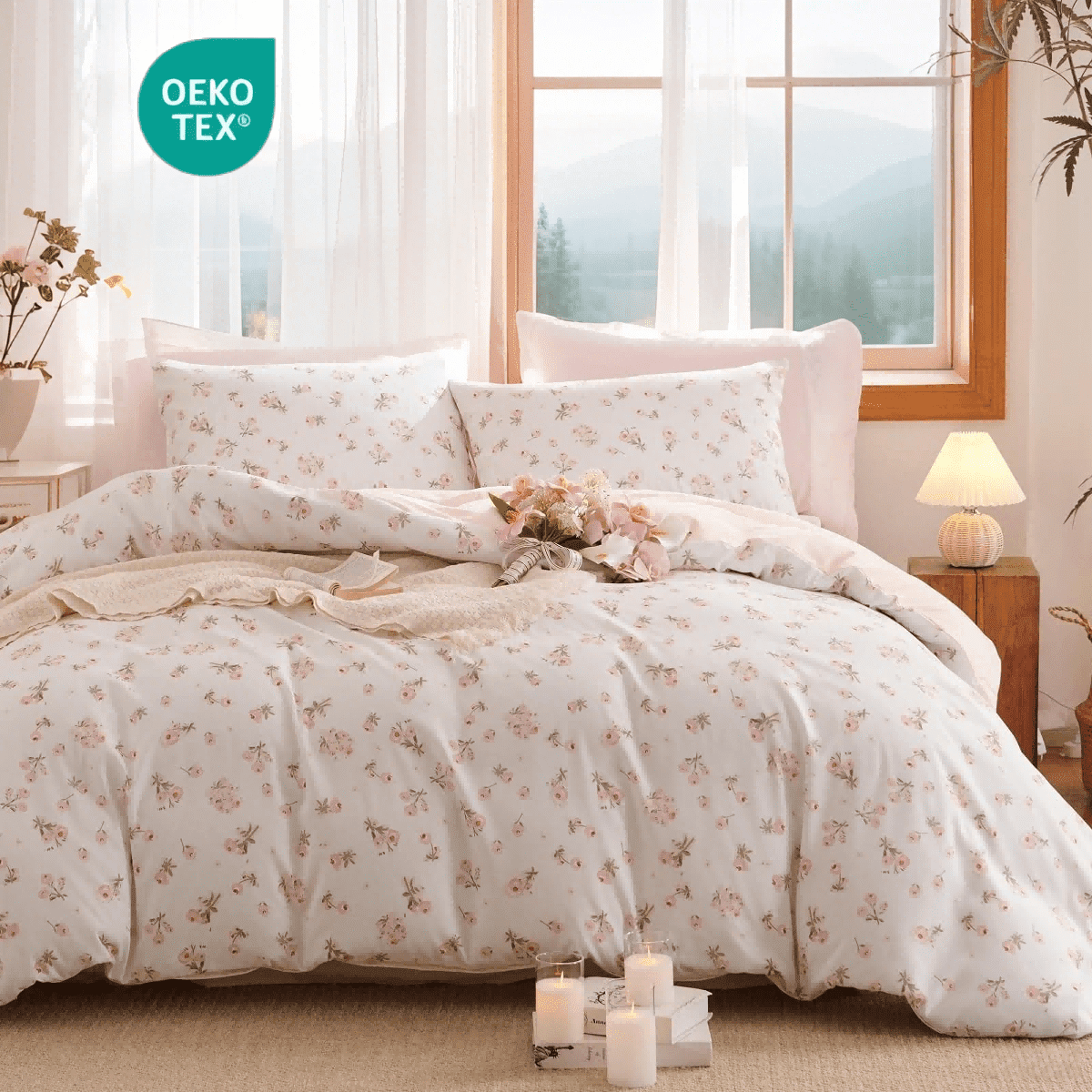 Heavyweight Warmth Pink loyalty Floral Comforter Queen Sets, 3 Pieces Chic Botanical Pink White Floral Reversible Comforter for All Season - Luxurious Quilted Duvet Cover Set Detail