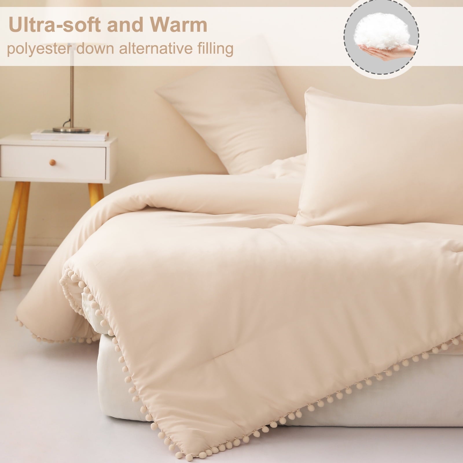 All-Season Boho Pom Pom Ball Fringe King Size Comforter Set, 3 Pieces Beige Lightweight Down Alternative Bedding Comforter Sets ... - Cloud-Like Soft Lightweight Bed Comforter Detail