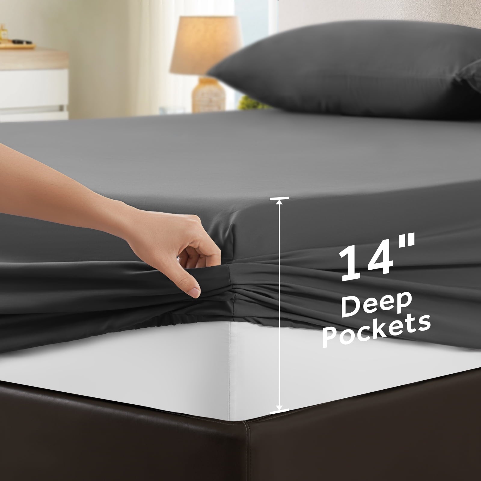 Cooling Sateen Sheets,Soft Hotel Luxury Polyester Washed Cotton,4 Piece Sheets Set,with 14" Deep Pocket,Dark Gray - Breathable Egyptian Cotton Flat & Fitted Sheets Detail