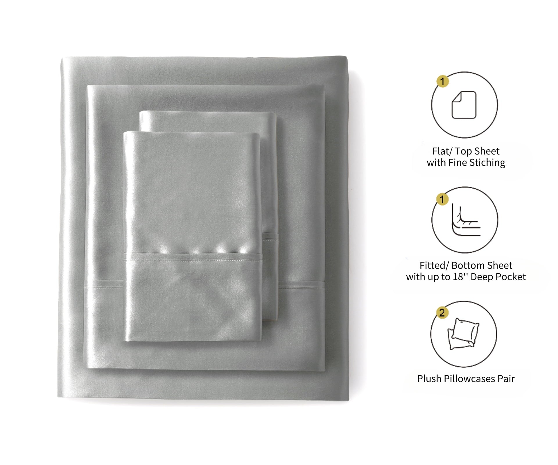 Breathable Luxury Luxury Satin Sheets Set Full Size Light Gray, 4-Piece Bedding Sets with Deep Pockets - Soft and Smooth Satin Bed Shee... - Luxury Bed Sheet Set with Deep Pockets Detail