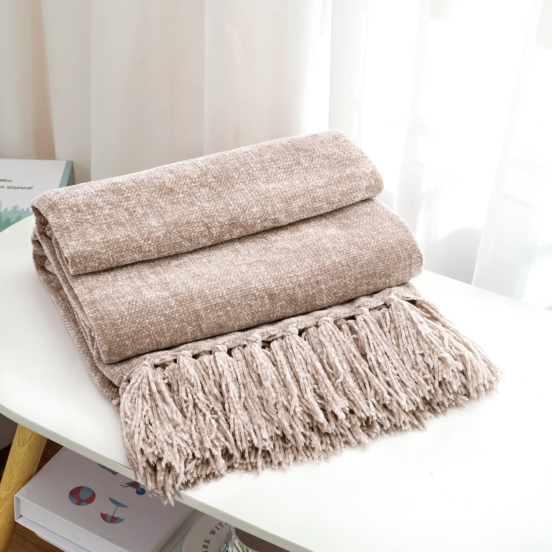 Lightweight Warm Chenille Throw Blanket with Fringe Tassel for Couch Sofa Chair Bed, Taupe 50" X 60" - Super Soft Reversible Sherpa Flannel Blanket Detail