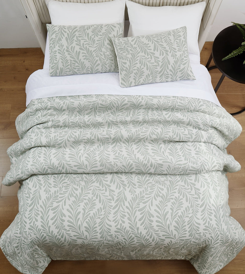 Luxurious Quilted Botanical 3-Piece Comforter Set, Green, Full Queen, All Ages - Luxurious Quilted Duvet Cover Set Detail