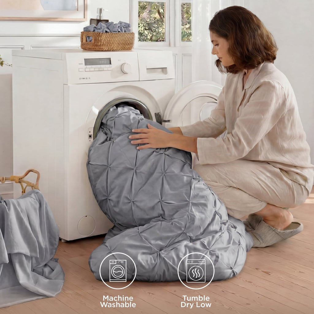 Fluffy Down Alternative Queen Comforter Set Grey, Bed in a Bag Queen Size Bedding, 7 Pieces Pinch Pleat All Season Comforter - Luxurious Quilted Duvet Cover Set Detail