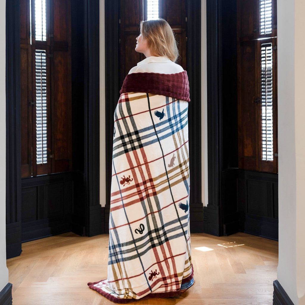 Lightweight Warm Academic Plaid Tartan Crest with Faux Leather Patch and Milky Mink Reverse Throw, 60x70 inches - Luxury Knitted Decorative Throw Blanket with Fringes Detail