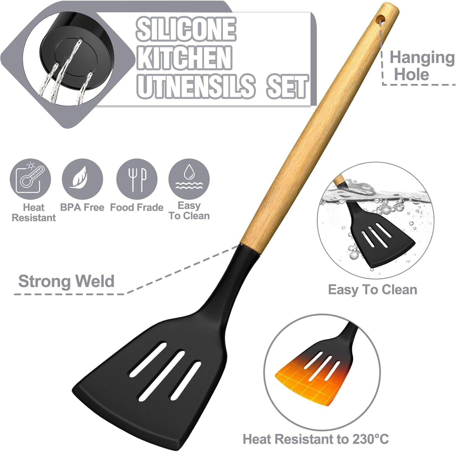 Ergonomic Cooking Kitchen Utensil Set, 34Pieces Silicone Cooking Utensil Set with Wooden Handle, Heat Resistant Spatula Set Gadg... - Premium Stainless Steel Cooking Utensil for Non-Stick Pots Detail