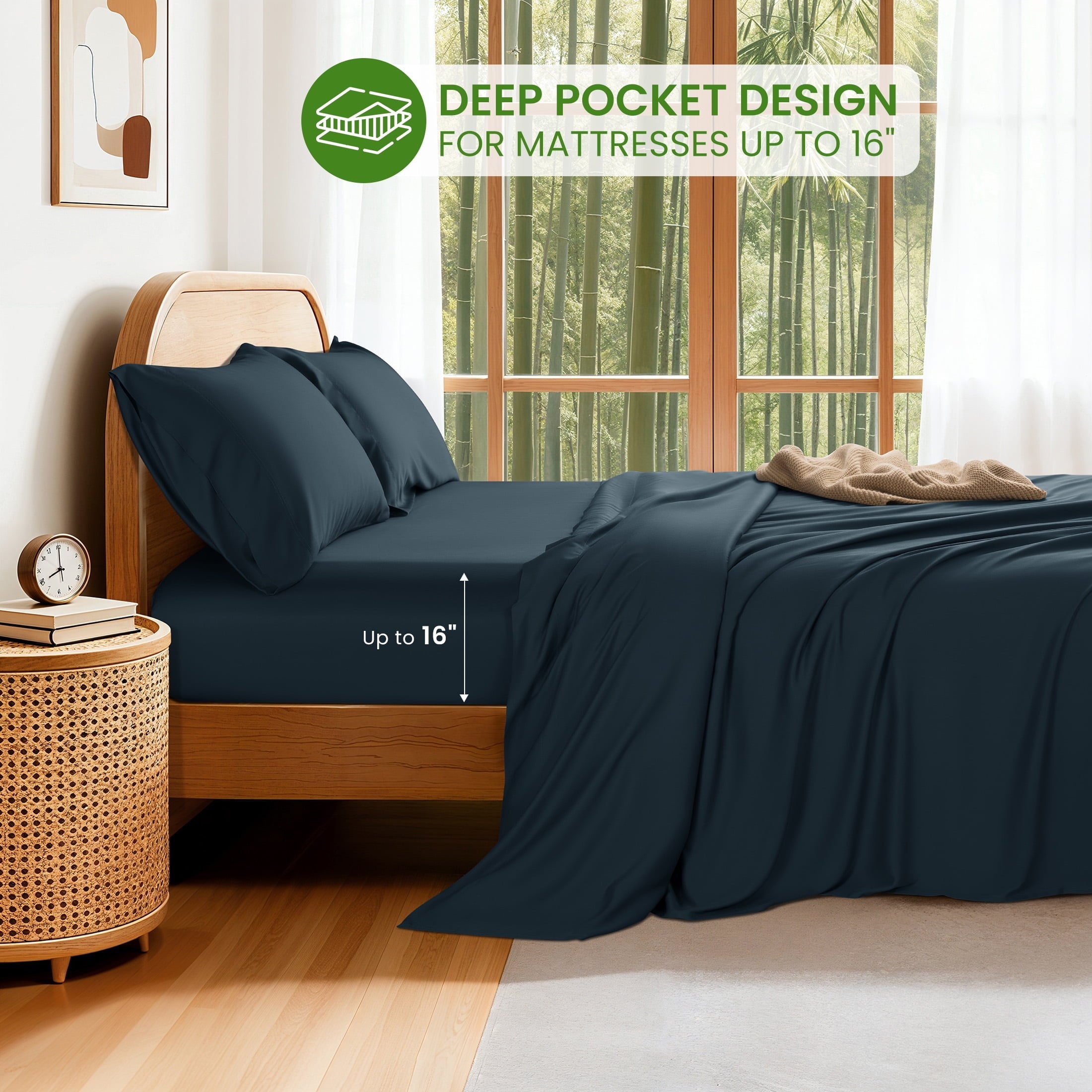 Wrinkle-Resistant 100% Organic Luxurious Bamboo Sheets, Queen Sheet Set 4-Piece with 16" Deep Pocket, Silky Smooth Luxury Bed Sheets, N... - Cooling Hotel Quality Bedding Sheets and Pillowcases Detail