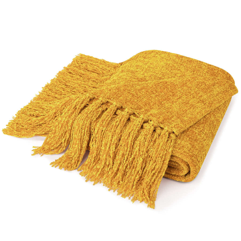 Lightweight Warm Mustard Yellow Chenille Throw Blanket for Couch, Soft Gold Knit Blanket with Tassel Fringe, Woven Chenille Knitted De... - Cozy Fleece Throw Blanket for Couch & Bed Detail