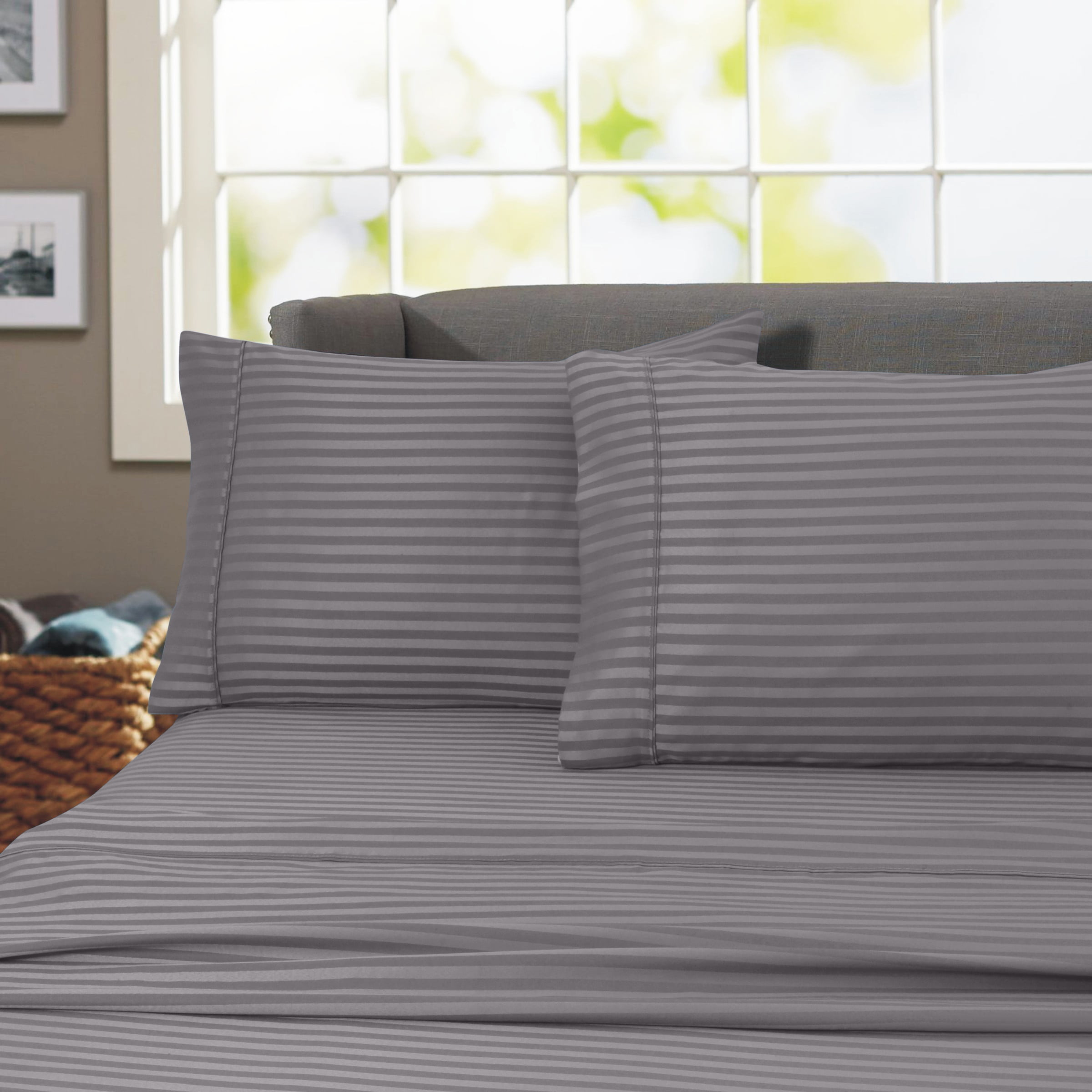 Ultra-Soft 600 100% Cotton Wrinkle Free Striped Sheet Set (Twin, Gray) - Luxury Bed Sheet Set with Deep Pockets - Default Title