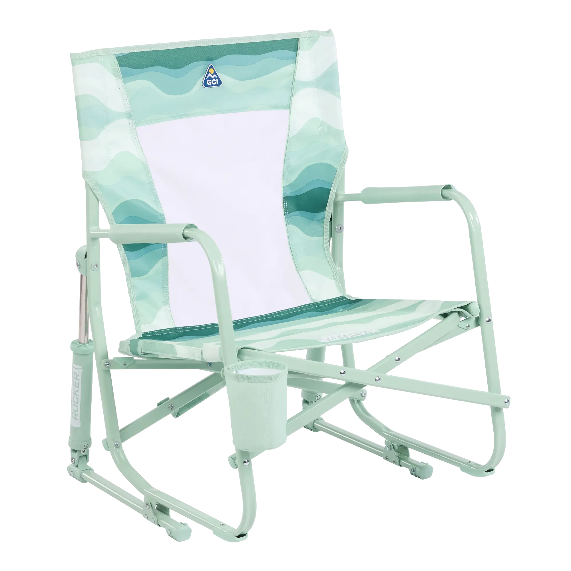 Patented Spring-Action Beach Rocker - Choice 712 - Heavy-Duty Kickback Rocker with Beverage Holder - Green Beach Wave