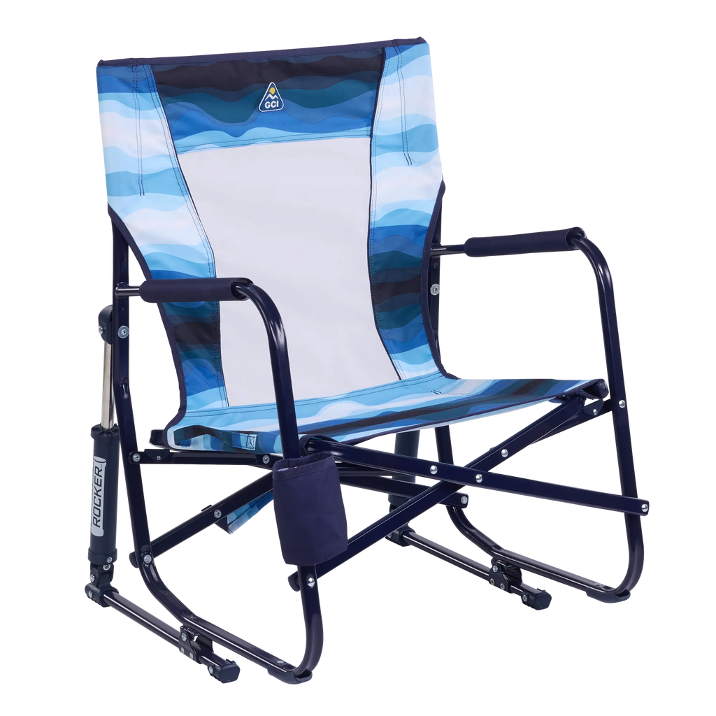 Patented Spring-Action Beach Rocker - Choice 712 - Heavy-Duty Kickback Rocker with Beverage Holder - Blue Beach Wave
