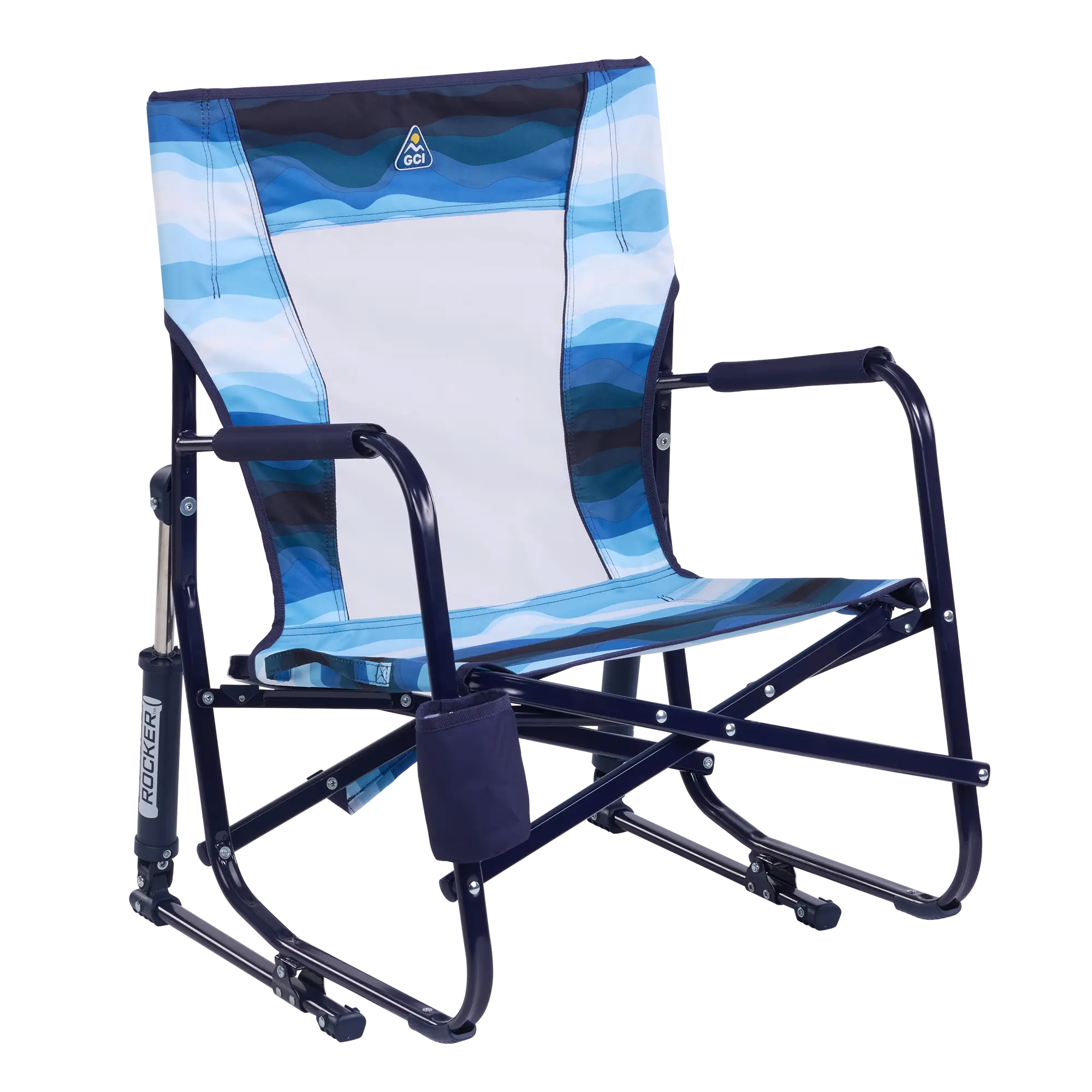 Patented Spring-Action Beach Rocker - Choice 712 - Heavy-Duty Kickback Rocker with Beverage Holder - Blue Beach Wave