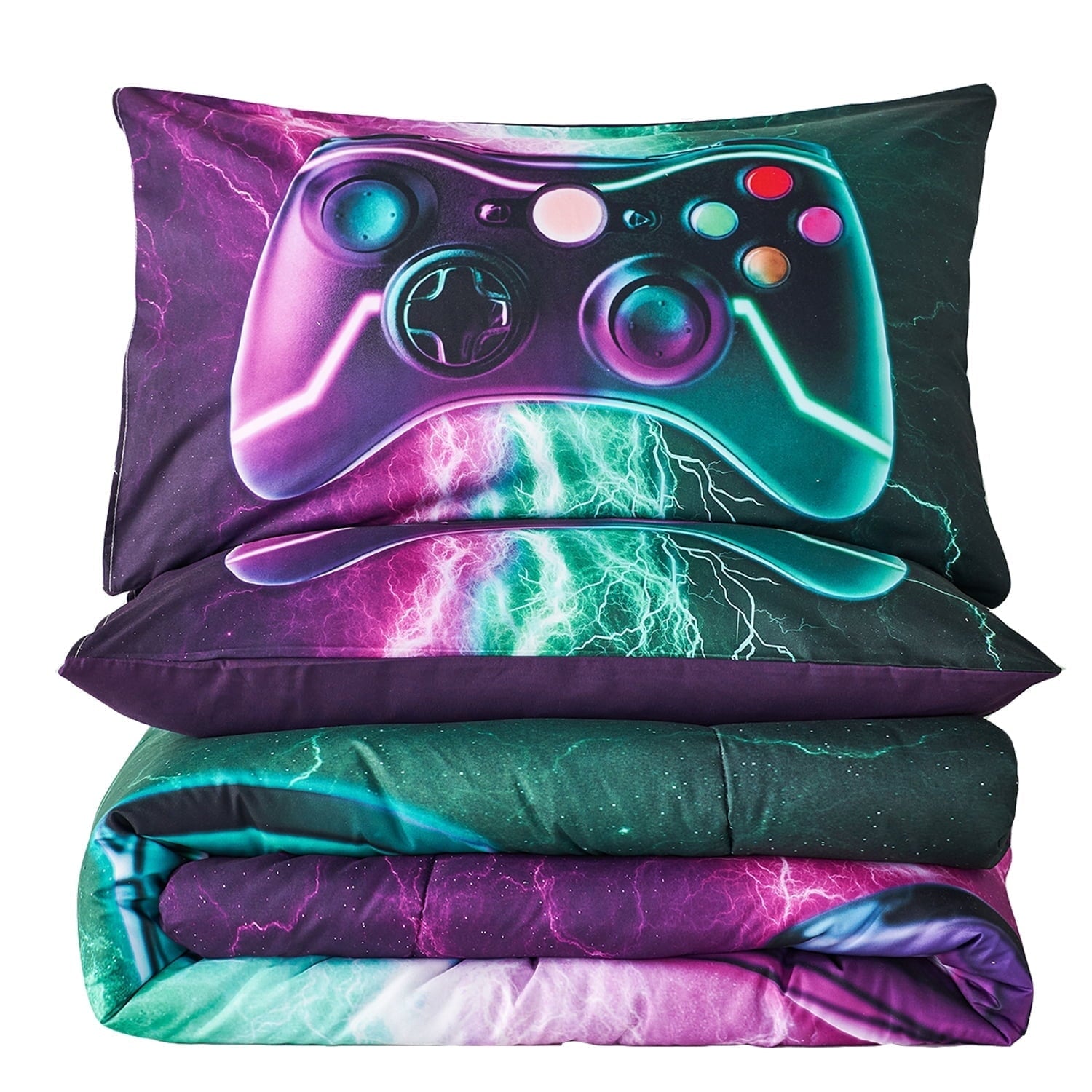 Luxurious Quilted Queen Size Gaming Comforter Set for Boys,3-Piece 3D Green Purple Lightning Game Controller Bedding Set for Kids Teens - Cloud-Like Soft Lightweight Bed Comforter Detail