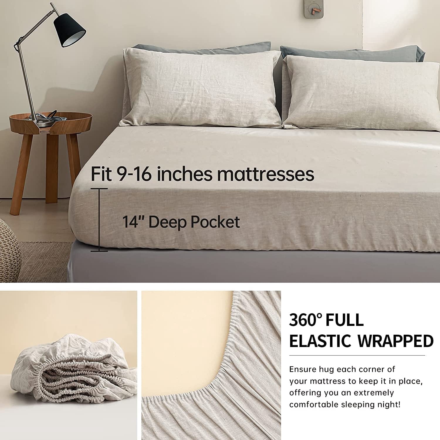 Cooling Sateen 100% Linen Sheet Set Solid Color-4 Pcs Washed French Linen Bed Sheets(1 Flat Sheet,1 Fitted Sheet,2 Pillowcases)-Brea... - Cooling Hotel Quality Bedding Sheets and Pillowcases Detail