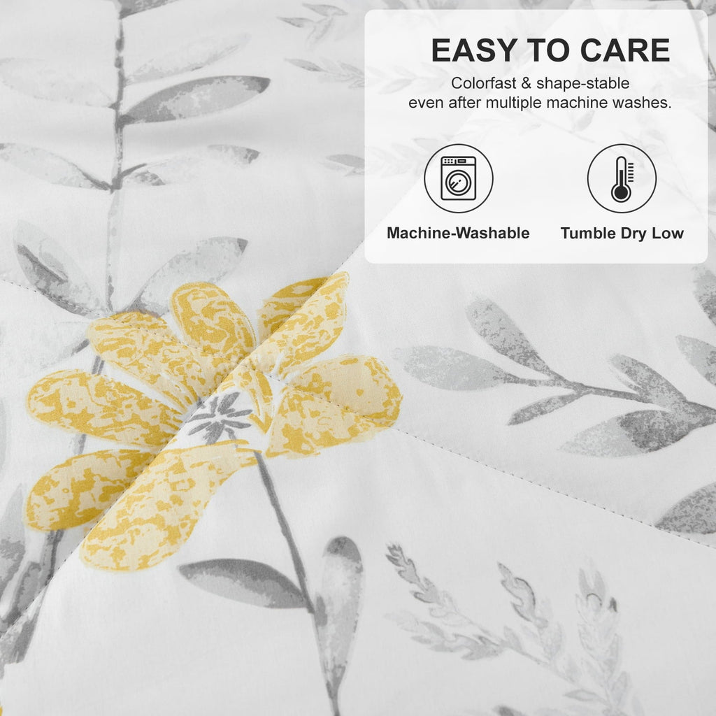 Heavyweight Warmth 3 Piece Comforter Set Queen Yellow Floral Quilt Microfiber Patchwork Bedspread - All-Season Down Alternative Comforter Insert Detail