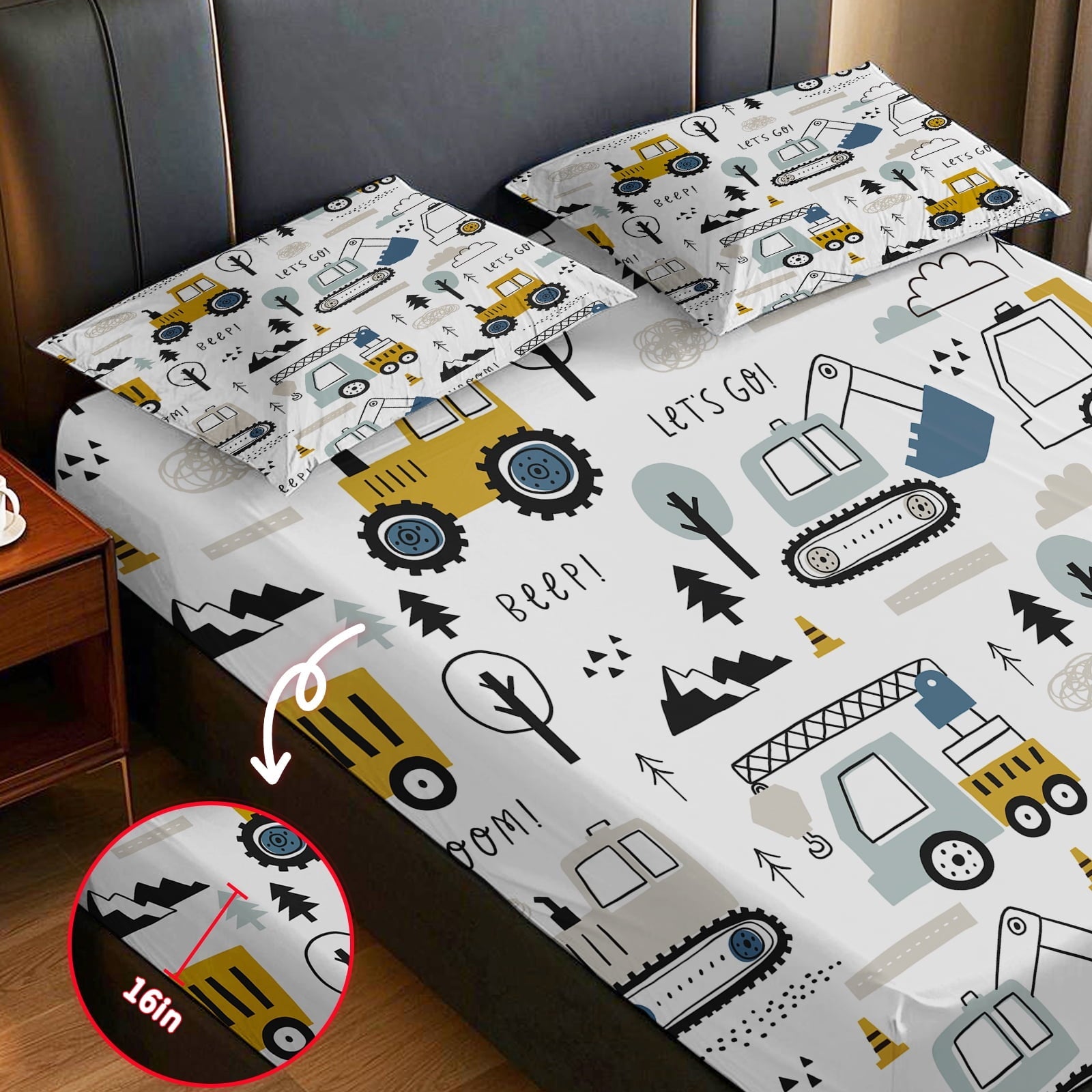 Cooling Sateen Cartoon Excavator Sheet Set for Kids Boys Truck Construction Bedding Set Engineering Vehicle Bed Sheet Sets with 1 Fi... - Cooling Hotel Quality Bedding Sheets and Pillowcases Detail