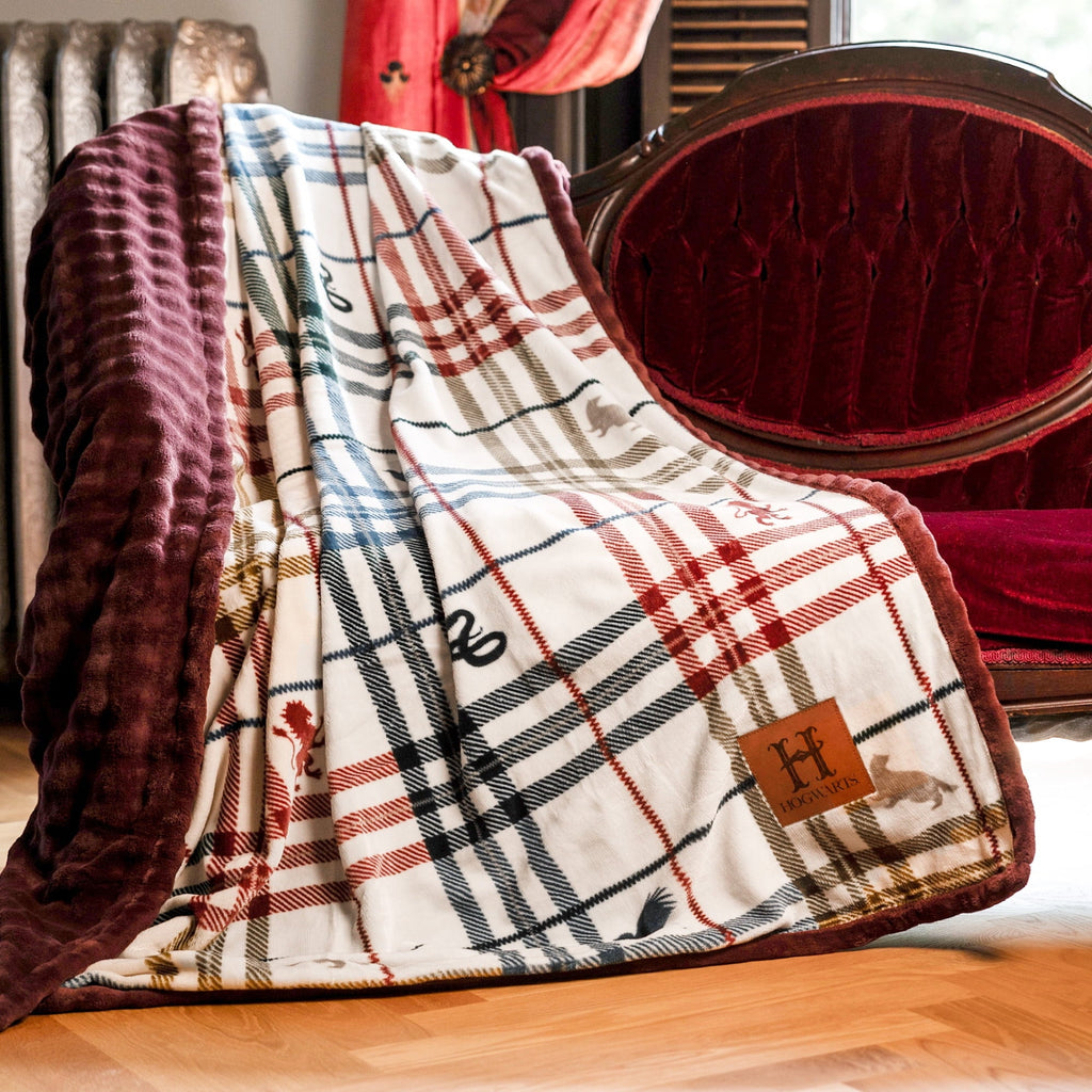 Lightweight Warm Academic Plaid Tartan Crest with Faux Leather Patch and Milky Mink Reverse Throw, 60x70 inches - Luxury Knitted Decorative Throw Blanket with Fringes - Default Title