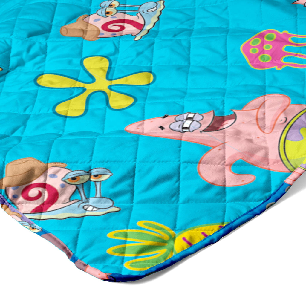 Reversible Sherpa Spongebob Tropical Waltz Quilted Throw Blanket 60x80 inches, Kids Character Bedding - Luxury Knitted Decorative Throw Blanket with Fringes Detail